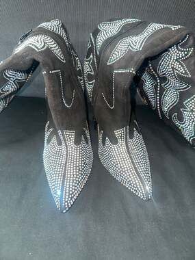 No.65 Shining Queen Black Faux Suede Rhinestone Stiletto Cowboy Boots